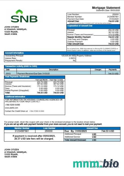 Arabia Saudyjska Saudi National Bank wyciąg z kredytu hipotecznego w formatach Word i PDF